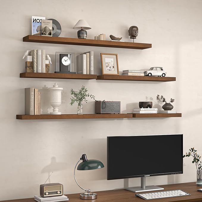 Axeman Natural Wood Floating Shelves for Wall Mounted 36 Inch Rustic Farmhouse Wall Shelves for Bathroom Bedroom Kitchen Living Room Decor Distressed Wooden Shelf|Set of 2, Weathered Walnut