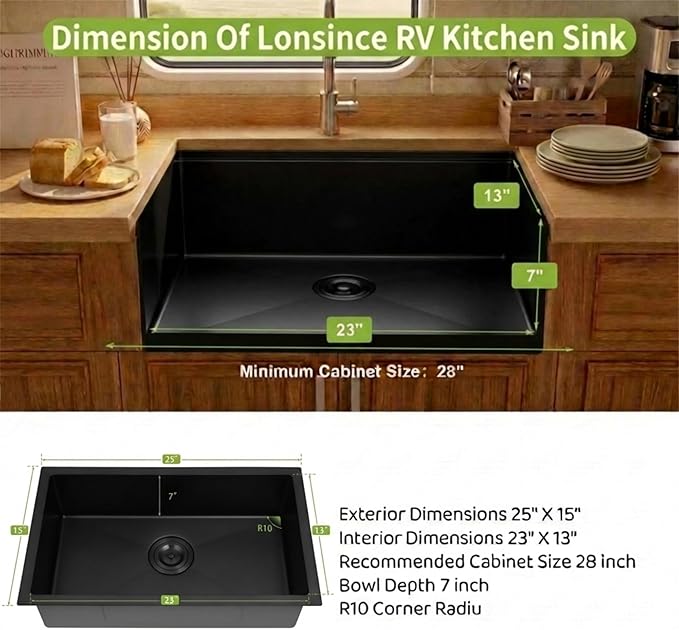 RV Kitchen Sink 25 X 15 inch,Black Undermount Kitchen Sink with 7 inch Depth,Stainless Steel Kitchen Sinks for RV,Outdoor Caming Van Sink