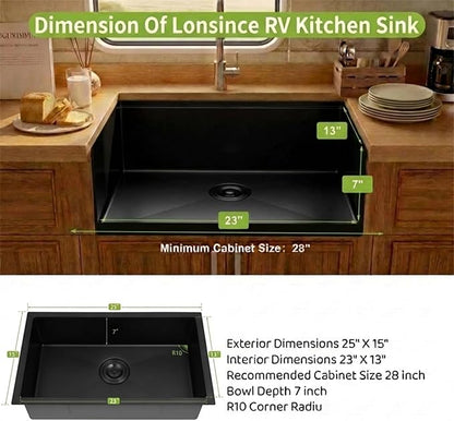 RV Kitchen Sink 25 X 15 inch,Black Undermount Kitchen Sink with 7 inch Depth,Stainless Steel Kitchen Sinks for RV,Outdoor Caming Van Sink