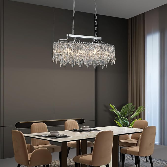 10 Light Crystal Chandelier | Chrome Oval-Shaped Crystal Chandeliers for Dining Room Light Fixture, 32" Modern Ceiling Lighting Fixture for Dining Room Kitchen Island Bar