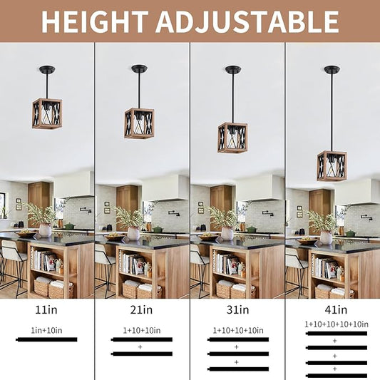 KEESFU Farmhouse Pendant Light, 1 Light Metal Cage Hanging Light with Wooden Grain Finish,Height Adjustable Kitchen Island Lighting,Pendant Lighting for Kitchen Island Hallway Foyer.2 Pack.
