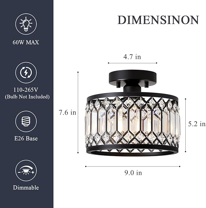 Pevfah Crystal Black Ceiling Light, Modern Semi Flush Mount Ceiling Lighting Fixture, Round Hallway Lighting Fixtures for Kitchen Entryway Bedroom Laundry Room, 1-Light, 9 Inch