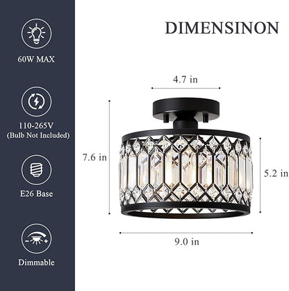 Pevfah Crystal Black Ceiling Light, Modern Semi Flush Mount Ceiling Lighting Fixture, Round Hallway Lighting Fixtures for Kitchen Entryway Bedroom Laundry Room, 1-Light, 9 Inch