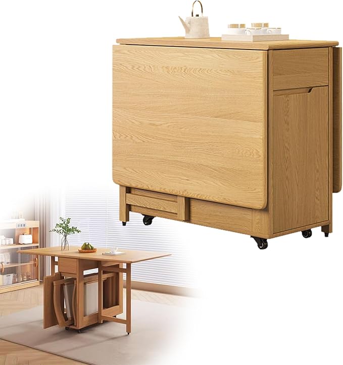 Expandable Table Dining Convertible Tables for Small Spaces Collapsible Kitchen Table Table with Wheels and Drawers Folding Desk Table,Wood Color,15cm