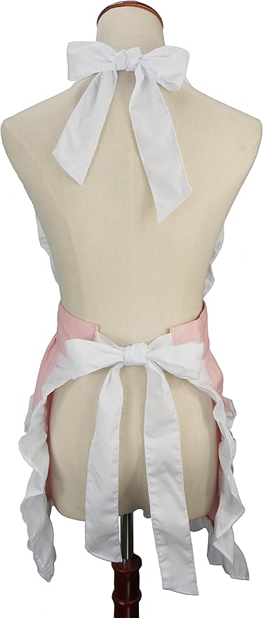 Women's Ruffles Outline Retro Pockets Apron Kitchen Cooking Cleaning Maid Costume (Light Pink)