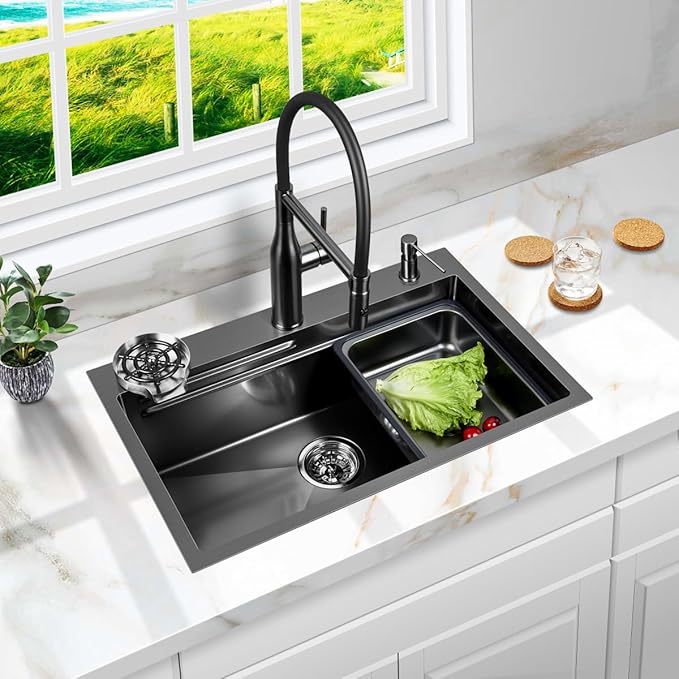 FRANIC 29" Handmade Black Bar Workstation Sink, 29" x 18" x 8" Stainless Steel Matte Nano Black Topmount Single Bowl Small Kitchen Outdoor Sink