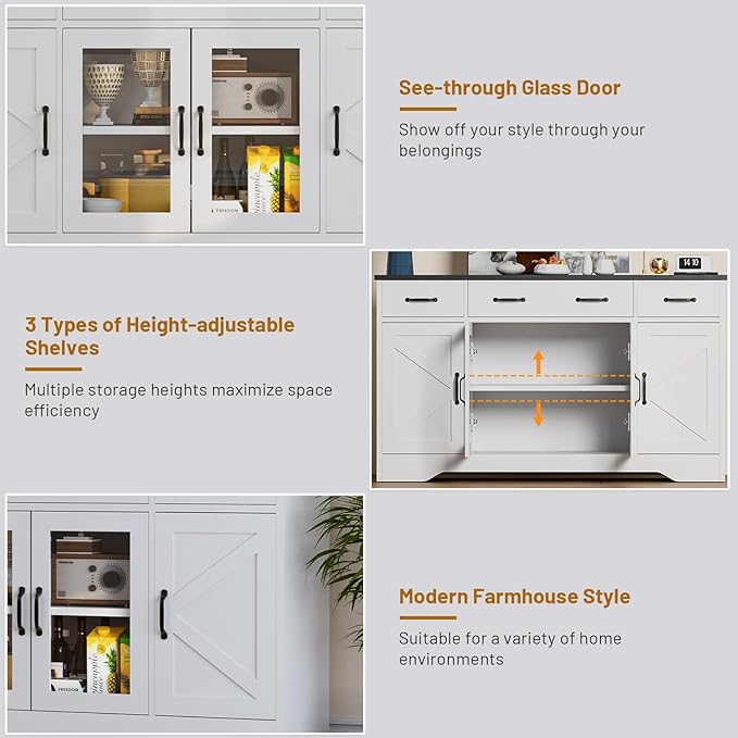 Likein Sideboard Buffet Cabinet with Storage, 55" Kitchen Coffee Bar Cabinet with 3 Drawers & Glass Doors, Farmhouse Sideboard Buffet Table with Adjustable Shelves for Living Room, Dining Room, White