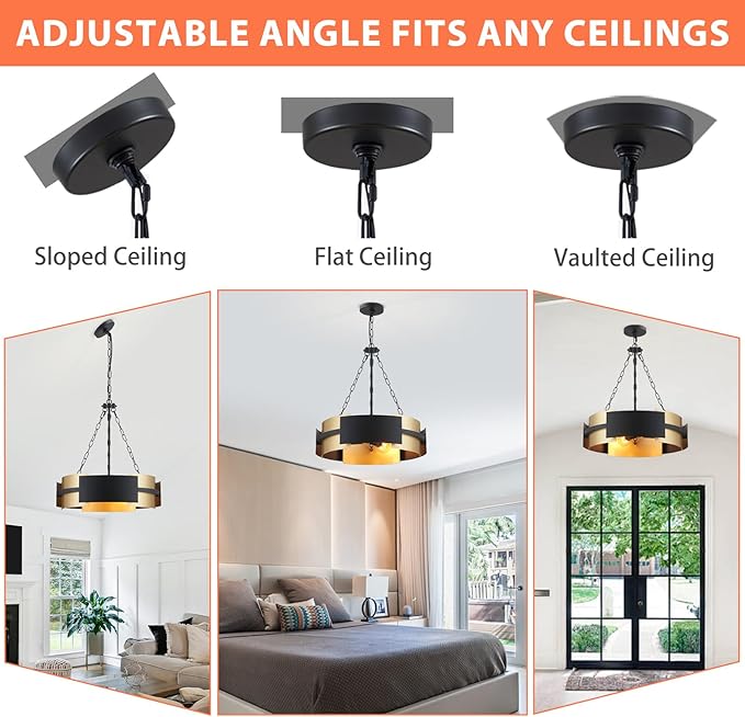 Modern Chandelier 19.7" Industrial Hanging Light Fixture Black and Gold 4-Light Large Drum Pendant Lighting for Dining Room Kitchen Island Office Living Room
