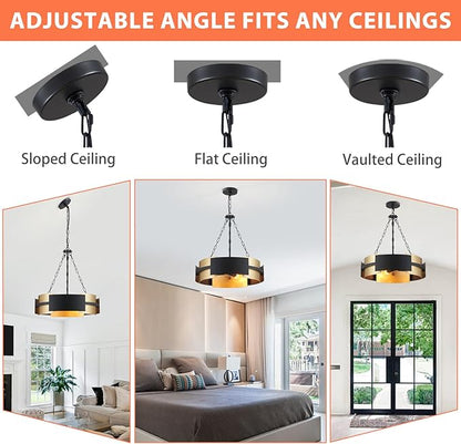 Modern Chandelier 19.7" Industrial Hanging Light Fixture Black and Gold 4-Light Large Drum Pendant Lighting for Dining Room Kitchen Island Office Living Room