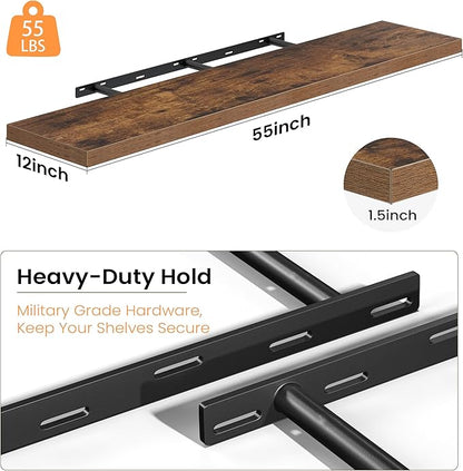 Brown Floating Shelves for Wall, 55 Inch Floating Shelves Set of 2, Wall Mounted Rustic Wood Shelf for Bathroom, Living Room, Bedroom and Kitchen, Hanging Shelf for Storage, Books, Home Decor