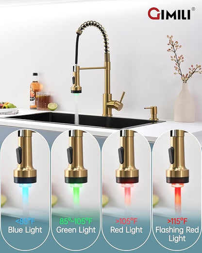 GIMILI Gold LED Kitchen Faucet with Soap Dispenser, Modern Single Handle Spring Kitchen Sink Faucets with Pull Down Sprayer