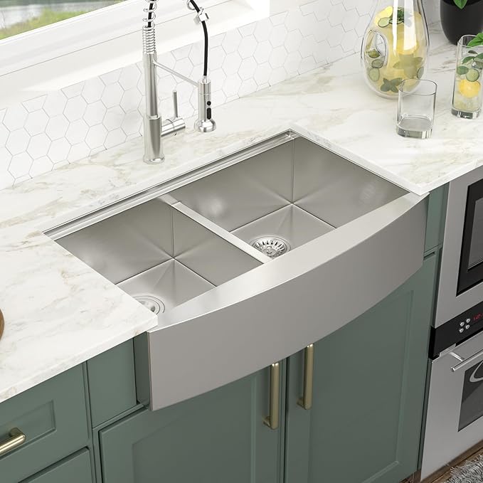 Logmey 33 Inch Farmhouse Sink Double Bowl 50/50 Sink 33x21 Inch Stainless Steel Apron Front Kitchen Sink Ledge Workstation Low Divide Double Bowl 50/50 16 Gauge Farm Kitchen Sinks