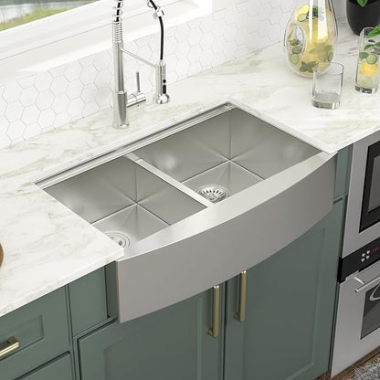 Logmey 33 Inch Farmhouse Sink Double Bowl 50/50 Sink 33x21 Inch Stainless Steel Apron Front Kitchen Sink Ledge Workstation Low Divide Double Bowl 50/50 16 Gauge Farm Kitchen Sinks