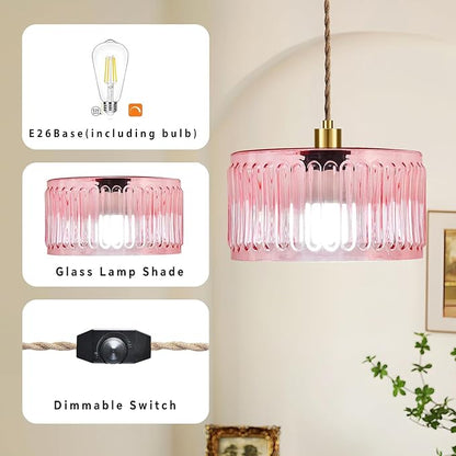 QIYIZM Pink Plug in Pendant Light Glass Hanging Lights with Plug in Cord Boho Hanging Lamp Gold Mid Century Modern Vintage Dimmable Flower Plug in Chandelier Ceiling Fixture for Living Room,Bedroom