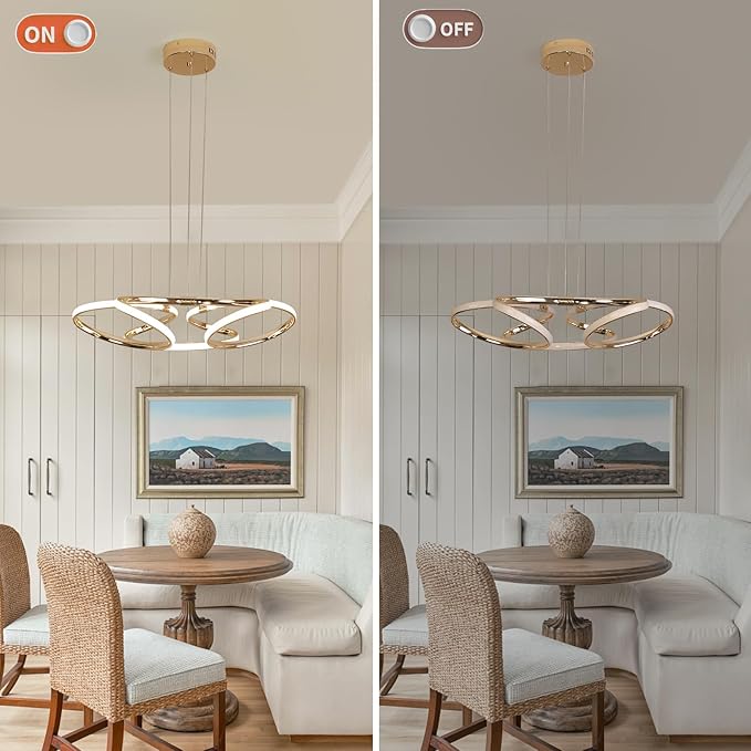 23 inch Modern Chandelier for Dining Room, Kitchen Chandelier & Entryway, Dimmable LED Pendant Light with Adjustable Height, 32W for Hallway, Living Room, Bedroom (Gold M)