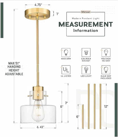 2 Pack Pendant Lights Kitchen Island, Brushed Gold Pendant Light Fixtures Over Island with Clear Glass Shade, 6" Modern Brass Kitchen Island Lighting for Dining Room Entryway, PL124-BG-G-2PK