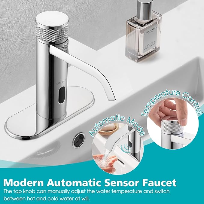 Automatic Sensor Touchless Bathroom Faucet, Manual Waterfall Faucets with Temperature Control Knob, Modern Chrome Sink Faucet Stainless Steel, Hands Free Lavatory Faucets for Single Hole
