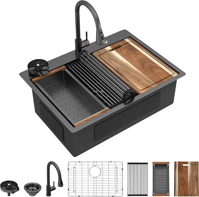 28"x22" Drop In Kitchen Sink Ledge Workstation – Gunmetal Black NANO-PVD, 16 Gauge 304 Stainless Steel Top Mount Single Bowl Sink Basin with Faucet Combo & Glass Rinser