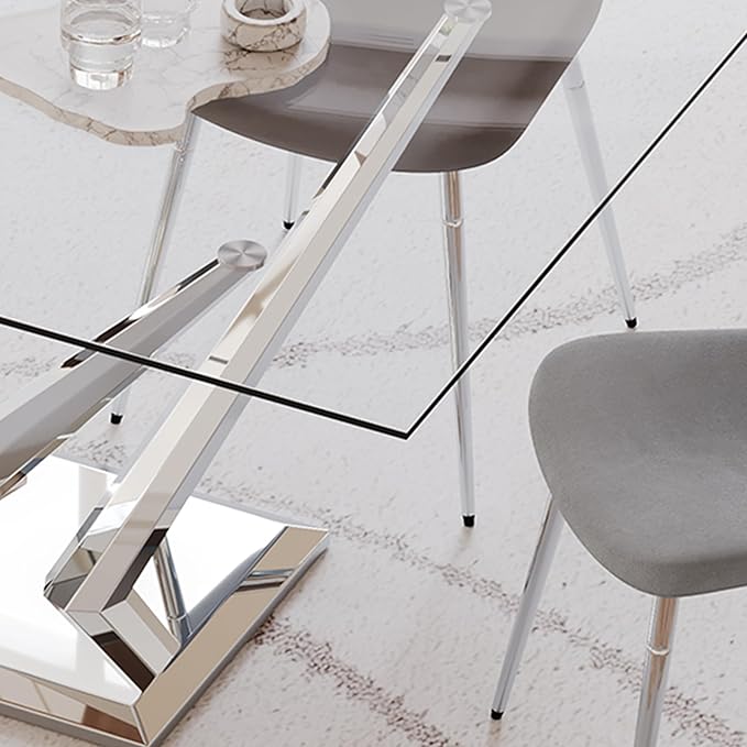Luxury Silver Glass Dining Table for 4-6 Modern 63-Inch Rectangular Kitchen & Dining Room Table with Double V-Shape Stainless Steel Base Large Clear Glass Top Dining Table for Home Office