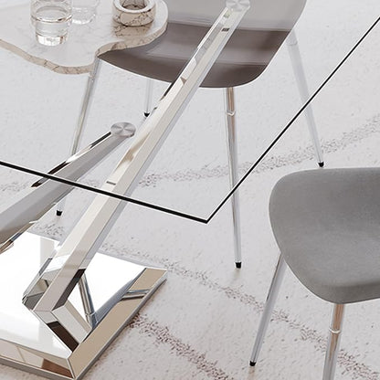 Luxury Silver Glass Dining Table for 4-6 Modern 63-Inch Rectangular Kitchen & Dining Room Table with Double V-Shape Stainless Steel Base Large Clear Glass Top Dining Table for Home Office