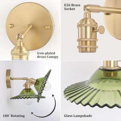 Shenmoyl Vintage Wall Sconces with Green Lotus Glass Lampshade 180 Degree Adjustable Brass Sconces Hradwired Modern Wall Lighting Fixture with Switch for Bedside Bedroom Doorway