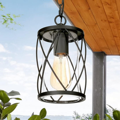 LALUZ Outdoor Hanging Light Fixture, Matte Black Exterior Pendant Light, Anti-Rust Outdoor Ceiling Hanging Light with Clear Glass, Farmhouse 1-Light Outdoor Chandelier for Gazebo, Patio, Porch, 6.5”W