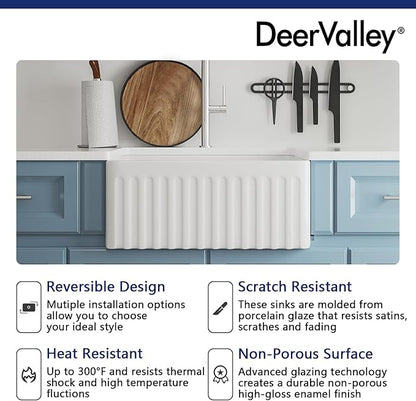 DeerValley Farmhouse Single Kitchen Sink, 24" L x 18" W White Reversible Single Bowl Farm Sink with Apron Front Ceramic Kitchen Sinks with Grid & Strainer