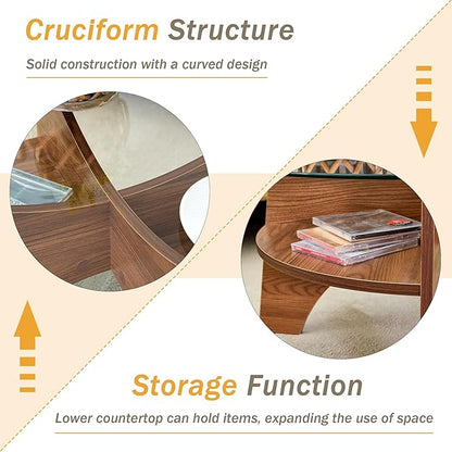 Round Coffee Tables, 31.5" Simple Glass Coffee Table with Tempered Glass Top and MDF Base, Diagonal Fan-Shaped Tray Design Table Leg Modern Center Table for Living Room Walnut