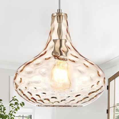 CATINER 11" Amber Hammered Glass Pendant Light, Blown Glass Hanging Light Fixture with Brushed Nickel Finish, Vintage Modern Ceiling Light for Kitchen Island, Dining Room, Hallway, Living Room
