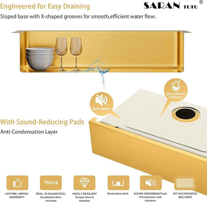 28-Inch Farmhouse Kitchen Sink, 16 Gauge Stainless Steel Farm Sink, Undermount Single Bowl, Brushed Finish, Deep Basin, Workstation Design with Accessories (Gold, 28" x 22" x 10")
