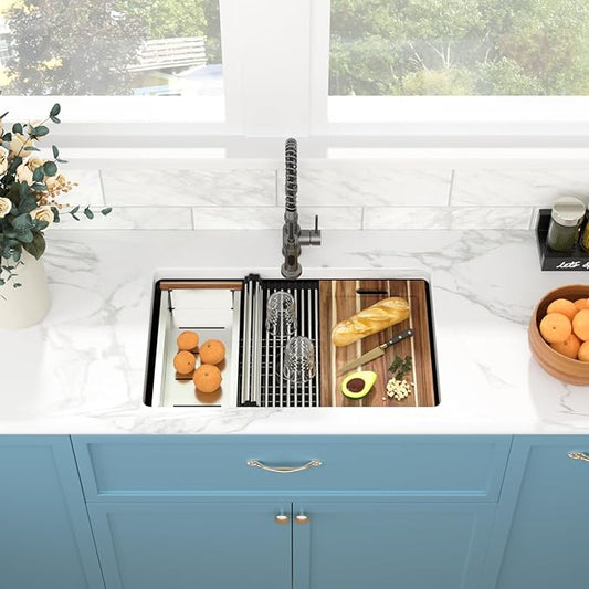 Sarlai 30 Granite Composite Kitchen Sink - 30"x19" Black Undermount Kitchen Sink Ledge Workstation Matte Black Granite Quartz Composite Under-Mount Single Bowl Sinks Basin with Accessories