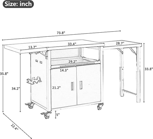 JIJIWANG 73.8" Outdoor Kitchen Island with Stainless Steel Top and Foldable Table, Kitchen Island with Trash and Spice Rack, BBQ Cart with Wheels for Backyard, Patio, Gray