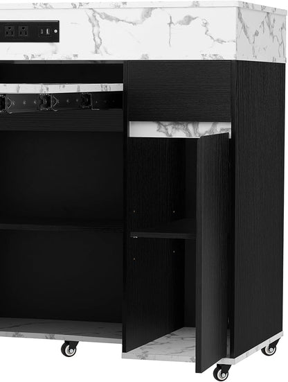 Virubi Extendable Dining Table with Extra-Long Folding Top, Rolling Kitchen Island with Storage Cabinet, Drawers & Brake Lock, Sturdy Mobile Cart for Kitchen, Dining Room & Open Spaces (Black2)
