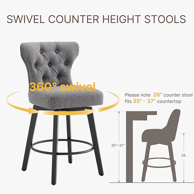 KISLOT Counter Height Barstools 26 inch Upholstered Button Tufted Swivel Bar Stools with Back for Kitchen Island,Set of 4,Dark Grey Fabric