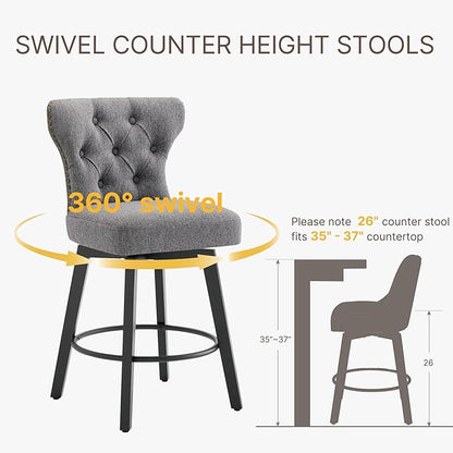 KISLOT Counter Height Barstools 26 inch Upholstered Button Tufted Swivel Bar Stools with Back for Kitchen Island,Set of 2,Dark Grey Fabric
