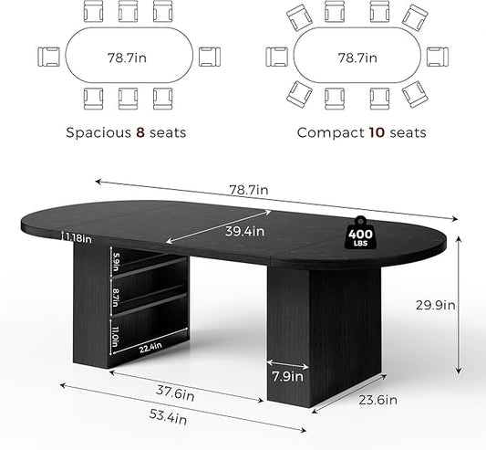 Jocoevol 78.7" Dining Table for 6 8 10, Modern Dining Room Table with Storage, Wood Kitchen Table with Heavy Duty Legs, Dinner Tables for Kitchen Dining Room (Black)