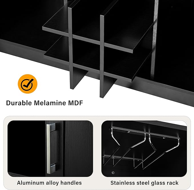 47.2" Kitchen Island with Drop Leaf & Power Outlet, Wine Bar with Bottle Rack & Glass Holder, 2-Door Buffet Sideboard with Side Shelves for Dining Room (Black-85R)