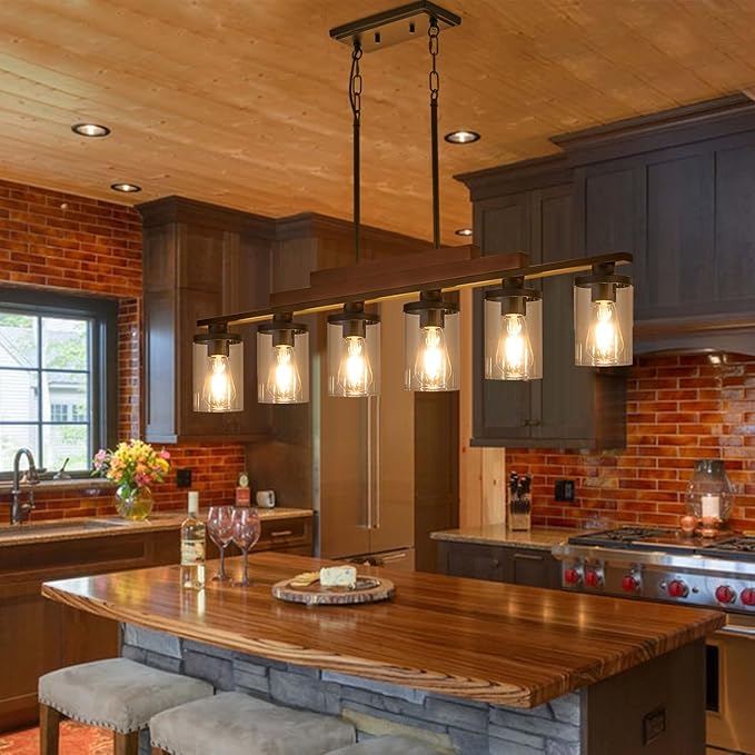 Kitchen Island Light Fixture/Chandelier Over Table,Farmhouse Black Rustic Wood Hanging Light Fixtures for Dining Room with 6 Glass Shade