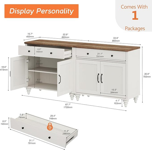 WAMAPT Buffet Cabinet with 4 Doors and 2 Drawers, Large Coffee Bar Table Wood Kitchen Storage Cabinets with Storage Cabinets, Modern Farmhouse Sideboard Credenza for Dining Room, Off White, 68 inch