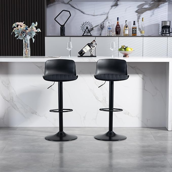 Bar Stools Set of 2 PU Leather Counter Height Bar stools with Back, Height Adjustable Swivel Kitchen Island Chairs, Armless, Large Base Black