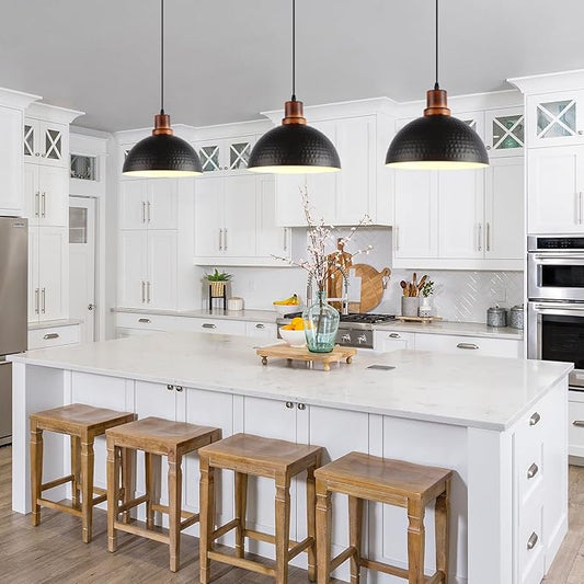 Black Pendant Lights Kitchen Island, 11.8" Hammered Metal Black Dome Pendant Lighting Black and Wood Pendant Light Fixture Hanging Ceiling Light for Dining Living Room Restaurant Sink