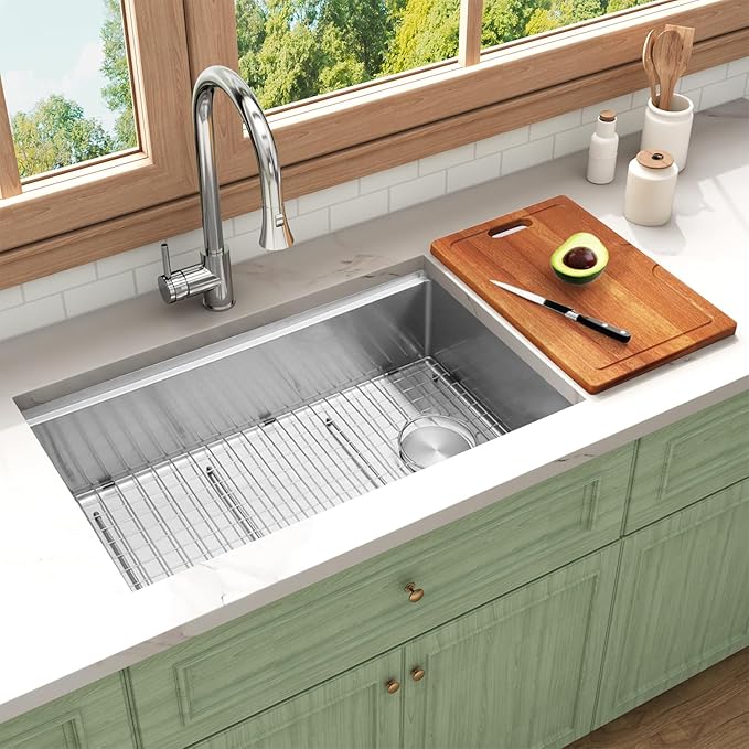 Undermount Kitchen Sink 32 inch,16 Gauge Stainless Steel Workstation Sinks,Large Single Bowl Kitchen Sink Offset Drain (32" X 18")