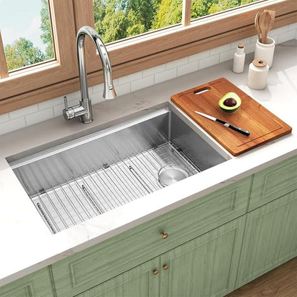 Undermount Kitchen Sink 32 inch,16 Gauge Stainless Steel Workstation Sinks,Large Single Bowl Kitchen Sink Offset Drain (32" X 18")