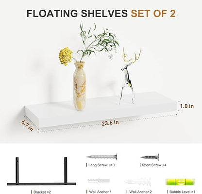Bellsal Floating Shelves for Wall, White Engineered Wood Wall Shelf Set of 2, 24" Walls Mounted Floating Shelf for Kitchen, Living Room, Bedroom, Bathroom Storage, Book Shelf for Home Decor