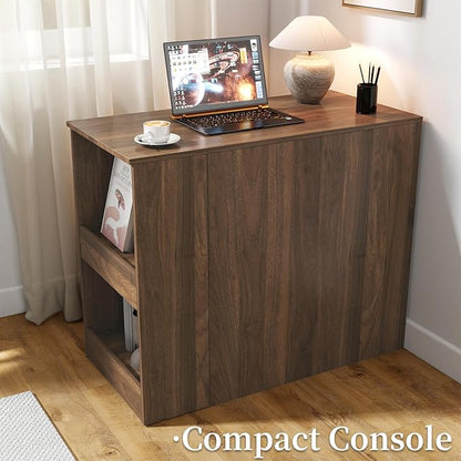 JOYSOURCE Counter Height Bar Table for 2, Extendable Kitchen Island with Drawers & Shelves for Kitchen, Living Room, Walnut