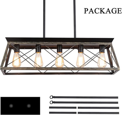 5-Light Pendant Lights Fixture, Farmhouse Chandeliers for Dining Room, Rustic Island Lights for Kitchen, Rectangular Chandelier Rustic Farmhouse Light Fxiture Gold&Black