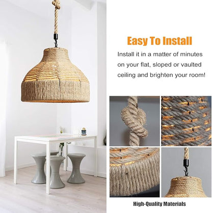 GWY Hemp Rope Weaved Pendant Lamp, Retro Natural Rattan Handmade Woven E27 Chandelier Hanging Light Ceiling Lighting Fixture for Living Room Bedroom Restaurant Cafe Teahouse Bar Dining Room Club