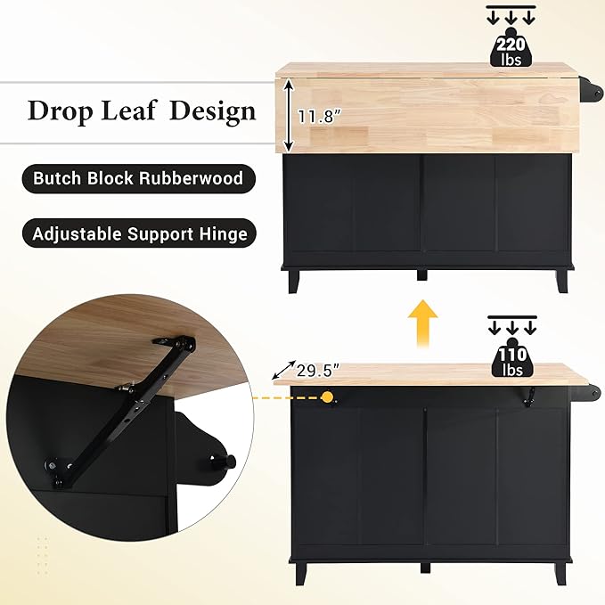 Kitchen Island Set, Rectangular Bar Table with 2 Seatings & Drop Leaf, Dining Table Set with Storage Cabinet & Drawers, Wood Sideboard with Towel Rack for Kitchen Dining Room (Black+Rustic Brown)