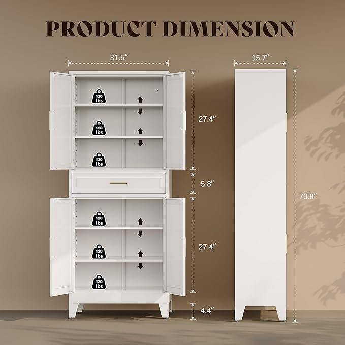 71“H Metal Kitchen Pantry Cabinet with Drawers,White Kitchen Pantry Cabinets,Tall Food Storage Cabinets,Free Standing Pantry Cabinet with 4 Doors,Farmhouse Pantry Cabinets