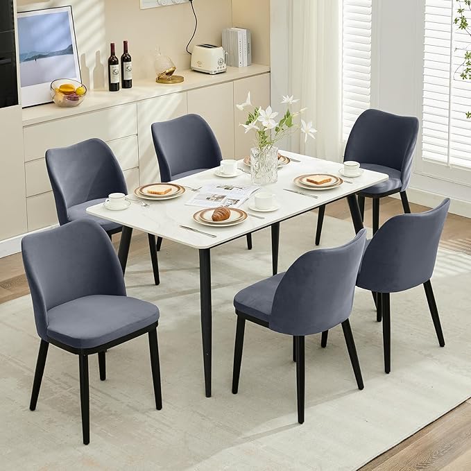 6 Dining Chairs: Upholstered Velvet Dining Room Side Chairs, Chair for Dining Room with Padded Seat and Wood Legs-Modern Dining Chairs for Restaurant, Kitchen, Cafe, Living Room(Dark Grey)